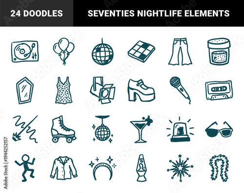 Retro disco and seventies party elements in a crude marker sketch style. Naive hand-drawn doodles featuring club culture and vintage fashion.