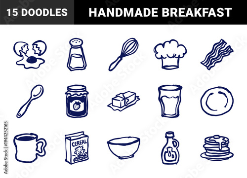 Hand-drawn breakfast and brunch elements in a naive marker sketch style. Rustic, clumsy doodle illustrations of morning food and kitchenware.