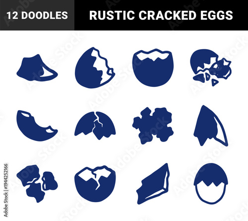Hand-drawn broken eggshell fragments for organic farm branding. Rustic naive marker sketch illustrations of cracked egg shells and debris.