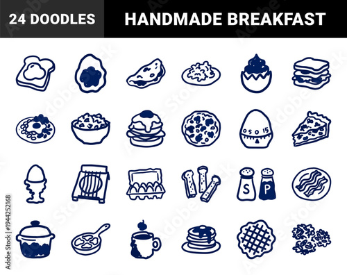Hand-drawn breakfast and egg cooking elements for organic cafe branding. Rustic, naive marker sketch illustrations featuring morning food concepts.