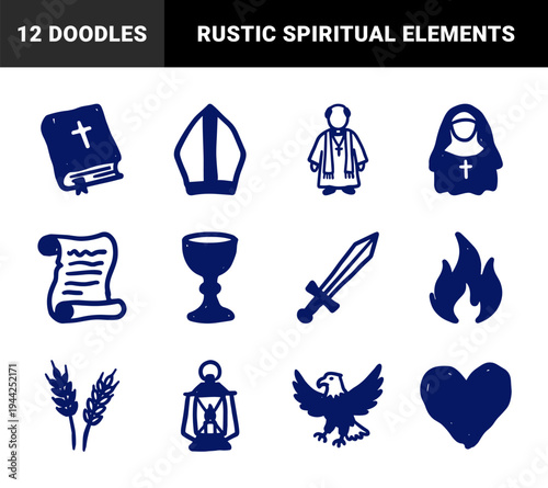 Hand-drawn religious and medieval symbols for spiritual branding. Rustic, naive marker sketch illustrations featuring faith and heritage concepts.