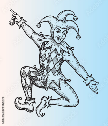 Playful jester in a classic harlequin costume posing cheerfully