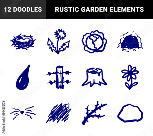 Hand-drawn rustic nature and garden elements for organic brand identity. Naive marker sketch illustrations featuring plants, soil, and outdoor life.