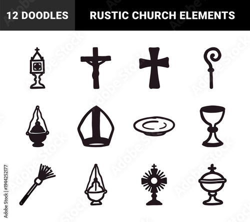 Hand-drawn religious liturgy and catholic mass elements for spiritual branding. Rustic, naive marker sketch illustrations of sacred church objects.