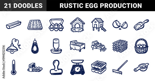 Poultry farming and egg production elements in a rustic hand-drawn doodle style. Crude marker sketch illustrations featuring chicken coops, incubators, and agricultural equipment.