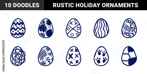 Hand-drawn Easter eggs with naive doodle patterns for festive branding. Rustic marker sketch illustrations featuring seasonal spring holiday ornaments.