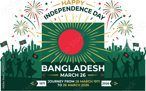 Graphic illustration celebrating Bangladesh Independence Day on March 26 with fireworks and silhouettes of people, featuring the country's flag and a cityscape at night with a joyful mood.
