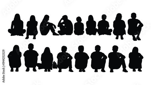 A group of people sitting in two rows of silhouettes against a white background, representing a diverse gathering or meeting of individuals in a neutral setting.