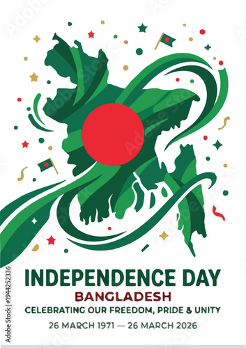 Vibrant Independence Day poster for Bangladesh with green leaves, red sun, colorful confetti, and celebratory text on a white background.
