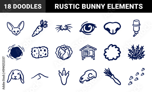 Hand-drawn rabbit care and leporidae biology elements for organic brand identity. Naive marker sketch illustrations featuring bunny pet supplies.
