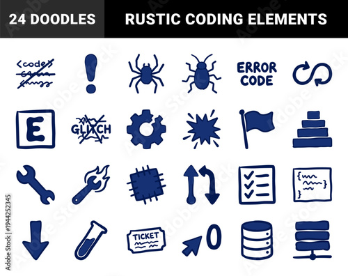 Software development and computer programming glitch elements for tech branding. Naive hand-drawn marker sketch illustrations featuring coding errors and bug concepts.