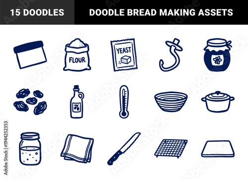 Artisanal sourdough bread making essentials and baking tools for rustic kitchen branding. Naive hand-drawn marker sketch illustrations of culinary equipment.
