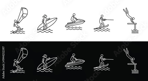 Minimalist Water Sports Icon Set with Diving Platform - Minimalist, flat icon, outline, glyph, linear, clipart, sticker - Vector icon set - Glyph icon