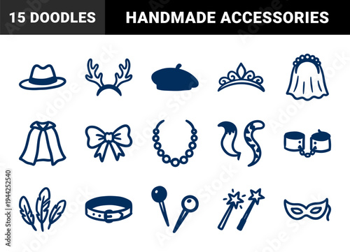 Hand-drawn costume and party accessories for playful brand identity. Naive marker sketch illustrations featuring whimsical dress up elements.