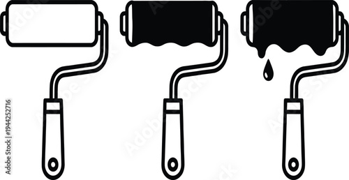 Paint roller icon set illustration, house renovation painting tool symbols, dripping paint design elements, home improvement vector graphics