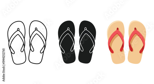 Flat Design Flip Flops Icon Set in Black, White, Red - Minimalist, flat icon, outline, glyph, linear, clipart, sticker - Vector icon set - Glyph icon