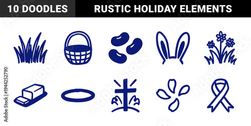 Hand-drawn Easter and religious celebration elements in a naive blue marker style. Rustic thick-lined doodles featuring spring holiday motifs.