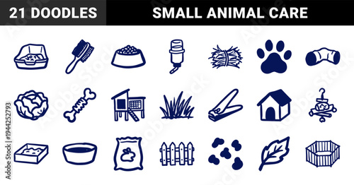 Hand-drawn small pet care and rabbit supplies for organic branding. Naive marker sketch illustrations of guinea pig and hamster accessories.