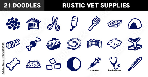Hand-drawn pet care and veterinary supplies in a naive doodle style. Rustic marker sketch illustrations for animal health and domestic pet accessories.