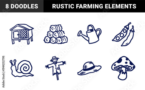Hand-drawn rustic farm and garden elements for organic branding. Naive marker sketch illustrations featuring coop, scarecrow, and backyard harvest.