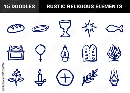 Hand-drawn Christian religious symbols and biblical elements for church branding. Naive marker sketch illustrations featuring sacred spiritual concepts.