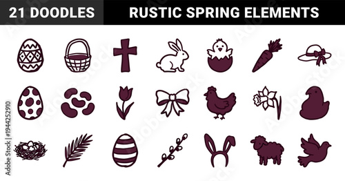 Hand-drawn Easter holiday and spring celebration elements in a rustic naive marker sketch style for organic seasonal branding and crafts.