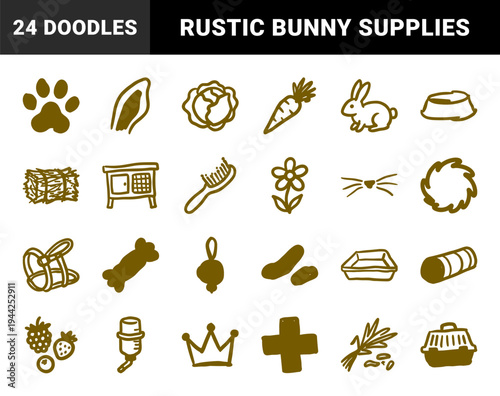 Hand-drawn rabbit care and pet supply elements for organic brand identity. Rustic, naive marker sketch illustrations featuring bunny welfare concepts.