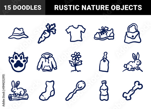 Hand-drawn organic lifestyle and nature elements in a naive marker sketch style. Rustic, clumsy doodle illustrations for artisanal branding.