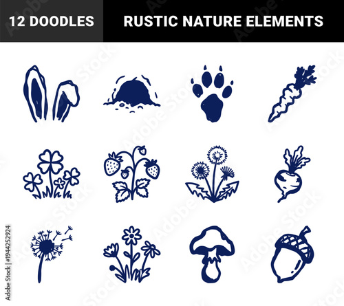 Hand-drawn garden and forest elements for organic brand identity. Rustic, naive marker sketch illustrations featuring bunny and nature concepts.