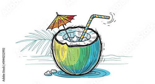 Colorful hand-drawn illustration of a refreshing coconut drink with a straw and umbrella, perfect for a tropical vacation.