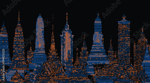 Stunning Bangkok-inspired background featuring temples and skyscrapers formed by orange and blue city lights. Intricate hand-drawn stippling creates a vibrant, urban night aesthetic.