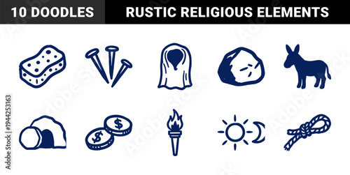 Hand-drawn Easter Passion and Resurrection elements for religious branding. Rustic naive marker sketch symbols featuring biblical crucifixion concepts.