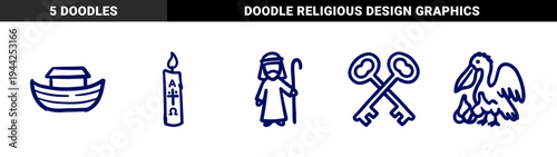 Hand-drawn Christian religious symbols and biblical elements for church branding. Rustic naive marker sketch illustrations featuring faith concepts.