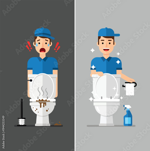 Dirty vs Clean Toilet Illustration - Janitor Service Comparison Vector