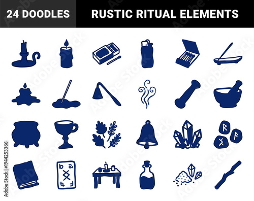 Hand-drawn mystical and witchcraft elements for ritual branding. Rustic naive marker sketch illustrations of occult and magic altar tools.