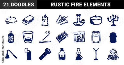 Hand-drawn lighting and fire elements for rustic brand identity. Naive marker sketch illustrations featuring candles, matches, and lamps.