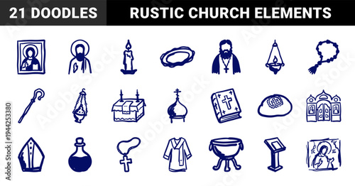 Hand-drawn Orthodox Christian liturgical elements and church symbols. Rustic, naive marker sketch illustrations for religious branding and education.