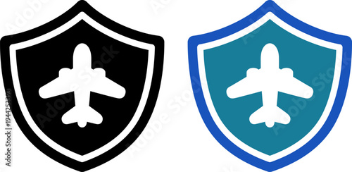 旅行保険と安全対策を表す飛行機と盾のアイコン｜海外旅行の安心サポート（Travel Insurance Shield Icon with Airplane for Safe Trip Protection）
