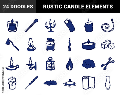 Rustic hand-drawn candle and fire lighting elements for organic brand identity. Naive marker sketch illustrations featuring wax, flame, and light concepts.