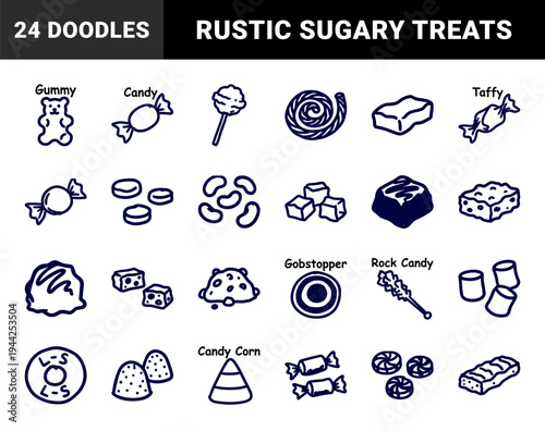Assorted sugary confectionery and sweet treats in a naive hand-drawn doodle style. Rustic marker sketch illustrations of candy, gummies, and chocolate snacks.