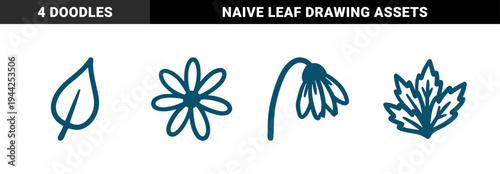 Hand-drawn botanical doodles for organic brand identity. Naive marker sketch illustrations featuring a wildflower, maple leaf, simple leaf, and drooping daisy.