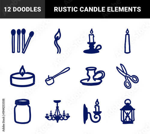 Rustic hand-drawn candle and cozy lighting elements for hygge brand identity. Naive marker sketch illustrations of home fragrance and warmth.
