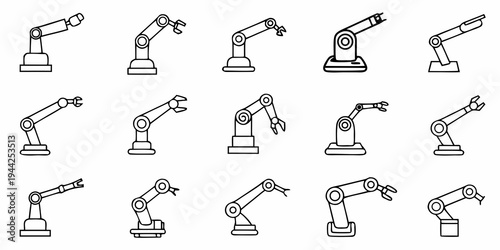 A set of robotic arm illustrations in various positions and with different attachments