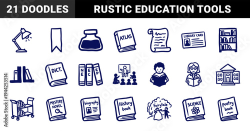 Library and education hand-drawn elements for academic branding. Rustic naive marker sketch illustrations featuring books, literacy, and study concepts.