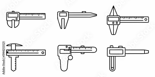 A set of six different vernier calipers in a flat, minimalist line art style on a white background