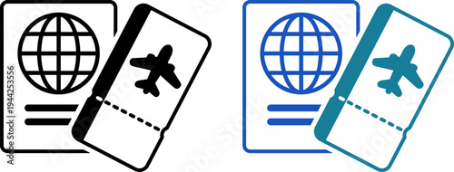 航空券とパスポートのシンプルアイコン｜海外旅行・出張・渡航手続きのイメージ（Passport and Airline Ticket Icon for International Travel and Business Trip）
