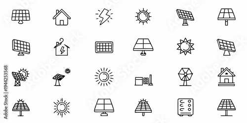 A set of black and white line art icons depicting various solar energy and power concepts