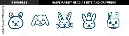 Hand-drawn rabbit and bunny head doodles for organic branding. Naive marker sketch illustrations featuring cute forest animal characters.