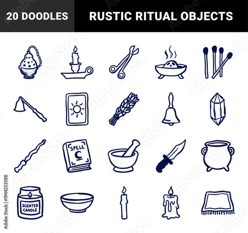 Mystical witchcraft and spiritual ritual elements for organic branding. Rustic naive marker sketch illustrations featuring esoteric magic concepts.