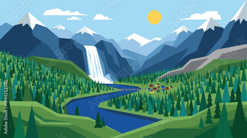 This vector illustration features a mountain landscape with a vibrant blue river leading to a waterfall, surrounded by green forests and a small village. Ideal for travel and nature themes.